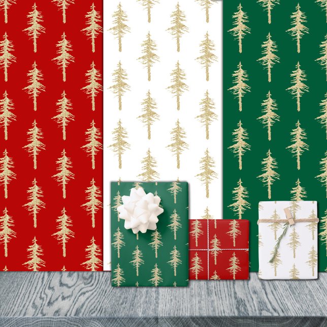 Rotes Grün und Weiß des Pinienwaldes aus Gold Geschenkpapier Set (Gold Woodland Pine Tree Forest Red Green & White Christmas Holiday Wrapping Paper Sheets Trio)