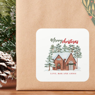 Rotes Grün Wasserfarbe Moderne Nordische Weihnacht Quadratischer Aufkleber