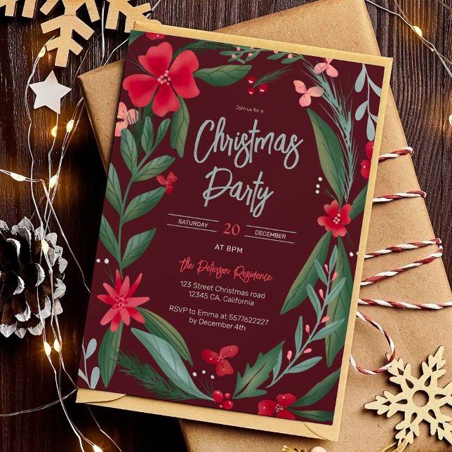 Rotes grünes Blumenmuster Weihnachtsrot Einladung (Red green floral wreath pattern Christmas red Invitation)