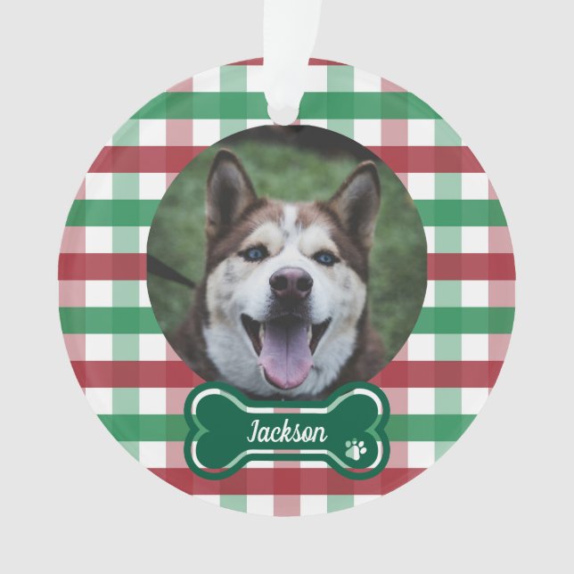 Rotes grünes Gingham-Karo-Knochenanhänger-Hundebil Ornament (Vorderseite)