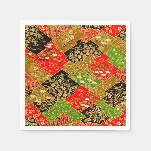 Rotes grünes japanisches Kimono-Deko-Papier Serviette (Vorderseite)