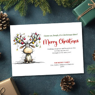 Rotes grünes lustiges Rentier Weihnachtsgruß Feiertagskarte