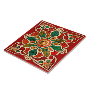 Rotes Grünes Orangengelbes Azulejos Blumenmuster Fliese