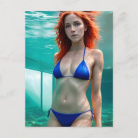 Rotes Haar Blue Bikini Unterwasser Postkarte