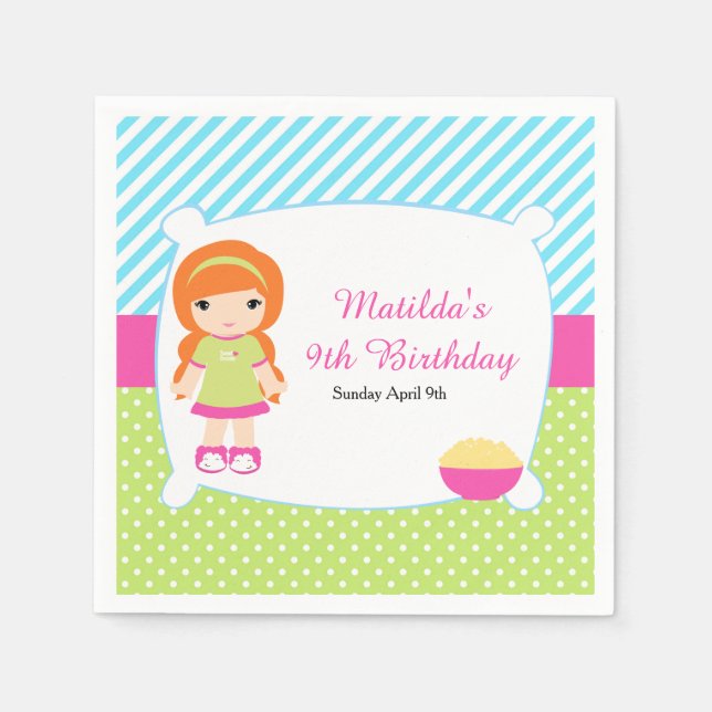 Rotes Haar Girl Sleepover Slumber Party Serviette (Vorderseite)