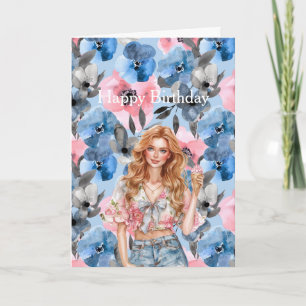 Rotes Haar Mädchen Eiscreme Blaues Florales Geburt Karte