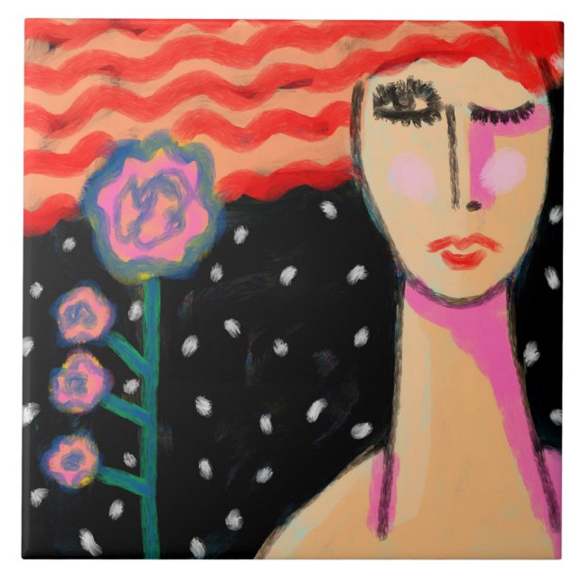 Rotes Haar rosa Rosen abstrakte Kunst Fliese (Vorderseite)