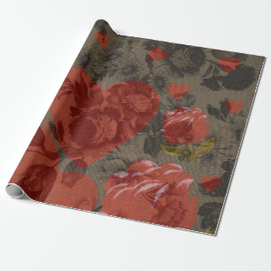 Rotes Herz auf schönem vintage floralem Hintergrun Geschenkpapier