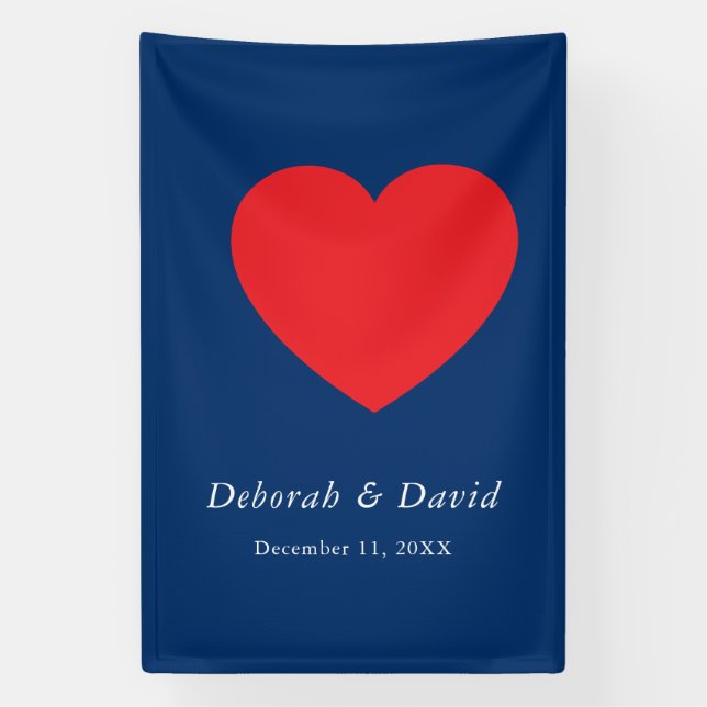 Rotes Herz Blau Moderne Minimalistische Hochzeit Banner (Vertikal)