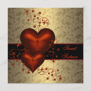 Rotes Herz Damast Klassisch Gold Sweet Sixteen Einladung