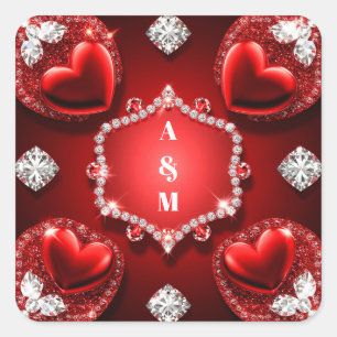 Rotes Herz-Diamant-Schmuck-Romanze ❤️ Quadratischer Aufkleber
