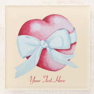 rotes Herz gebunden mit weißem Bandbogen Glasuntersetzer