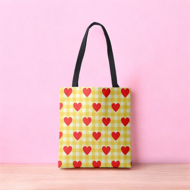 Rotes Herz Gelber Gingham Valentinstag (Red Heart Yellow Gingham Valentine's Day Tote Bag)