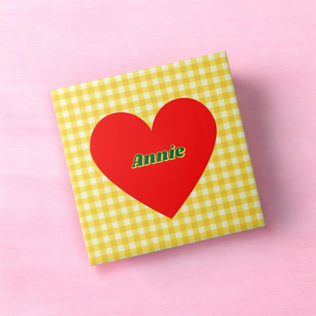 Rotes Herz Gelber Gingham Valentinstag Fliese (Red Heart Yellow Gingham Valentine's Day Ceramic Tile)