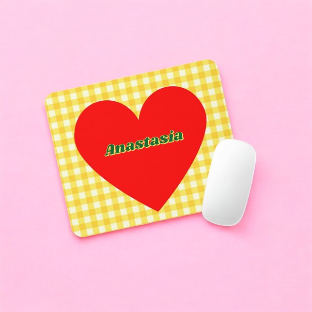 Rotes Herz Gelber Gingham Valentinstag Mousepad (Red Heart Yellow Gingham Valentine's Day Mouse Pad)