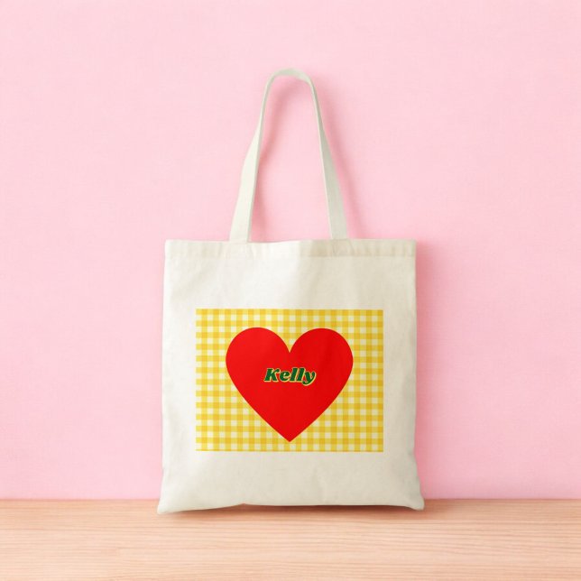 Rotes Herz Gelber Gingham Valentinstag Tragetasche (Red Heart Yellow Gingham Valentine's Day Tote Bag)