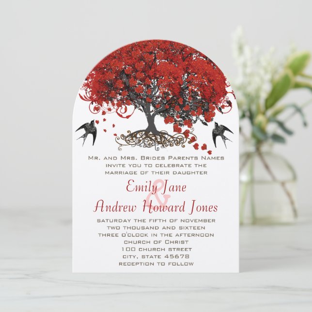 Rotes Herz Leaf Tree Hochzeitseinladungen Einladung (Stehend Vorderseite)