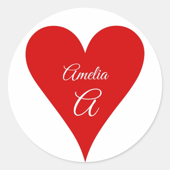 Rotes Herz Liebe Valentinstag Name & Monogramm Runder Aufkleber (Vorderseite)