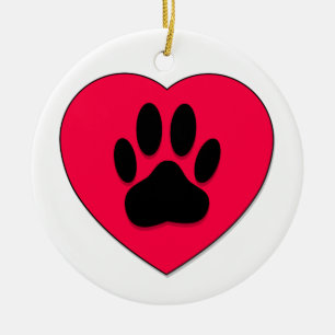 Rotes Herz mit Dog Paw Print Keramik Ornament