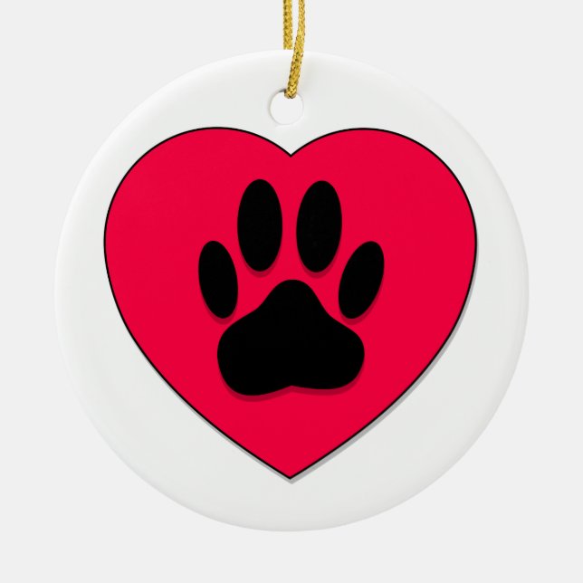Rotes Herz mit Dog Paw Print Keramik Ornament (Vorne)