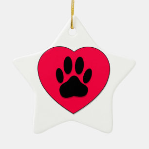 Rotes Herz mit Dog Paw Print Keramik Ornament