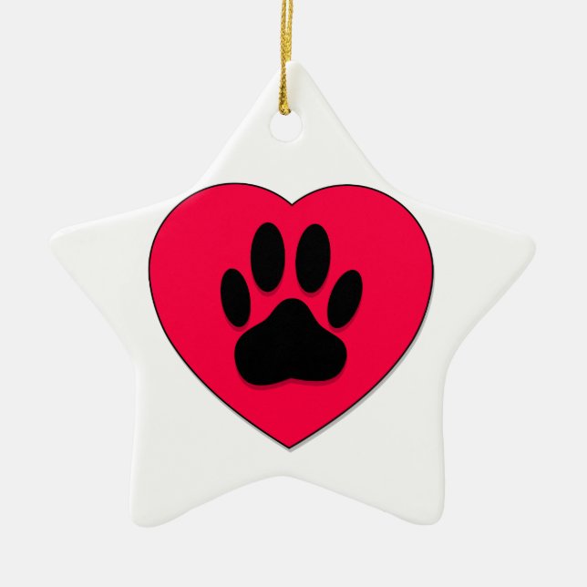 Rotes Herz mit Dog Paw Print Keramik Ornament (Vorne)