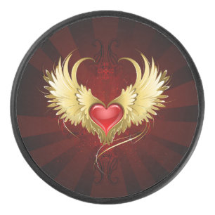 Rotes Herz mit goldenen Flügeln Eishockey Puck