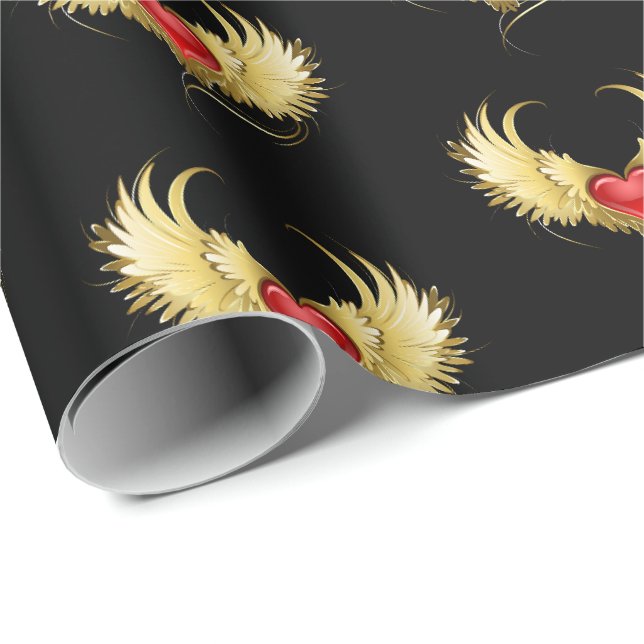 Rotes Herz mit goldenen Flügeln Geschenkpapier (Rolleneckpunkt)