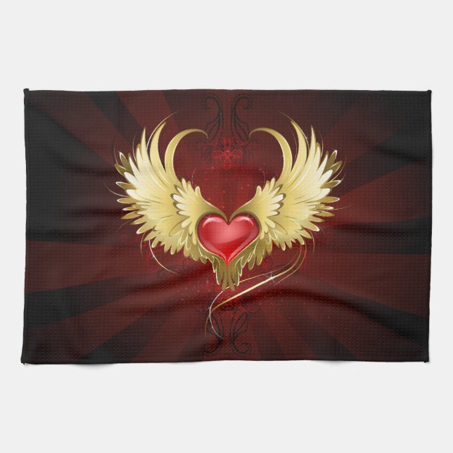 Rotes Herz mit goldenen Flügeln Geschirrtuch (Horizontal)