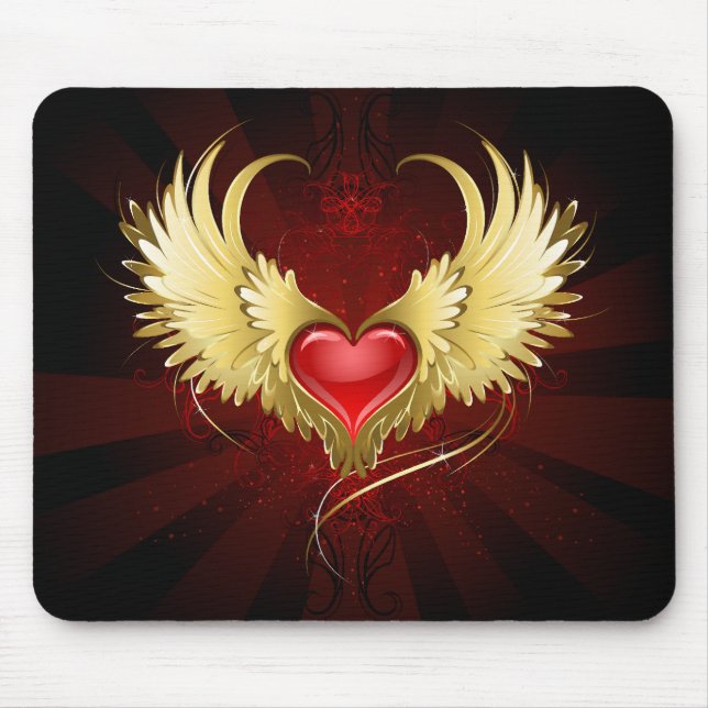 Rotes Herz mit goldenen Flügeln Mousepad (Vorne)