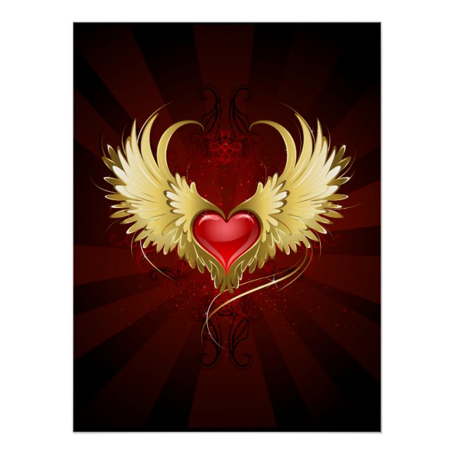 Rotes Herz mit goldenen Flügeln Poster (Vorderseite)