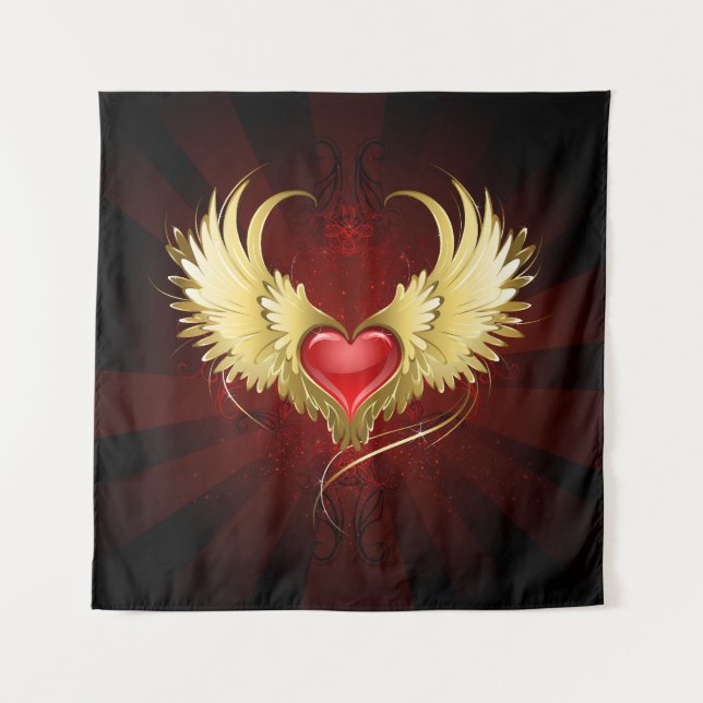 Rotes Herz mit goldenen Flügeln Wandteppich (Vorderseite)