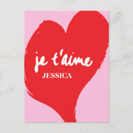 Rotes Herz mit je t’aime-Text auf rosa Hintergrund Postkarte