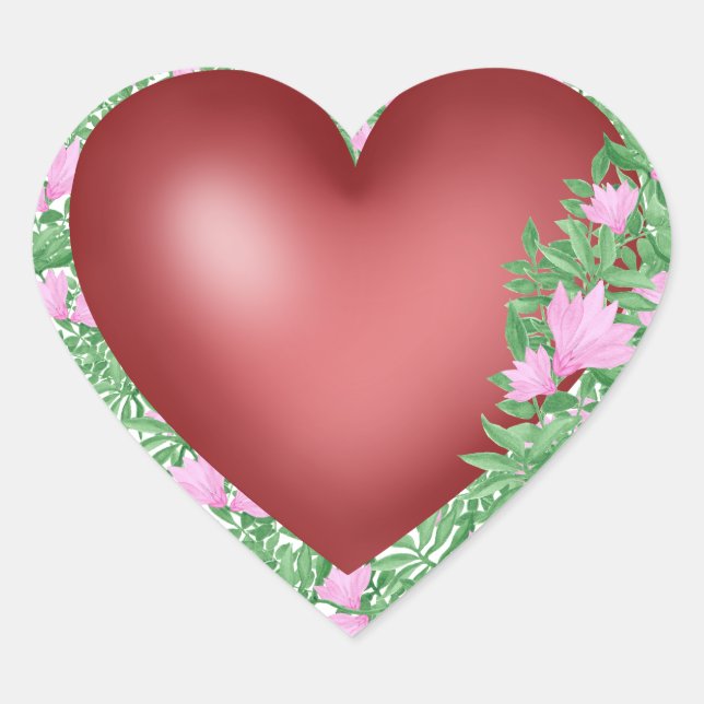 Rotes Herz mit rosa Blume Herz-Aufkleber (Vorderseite)