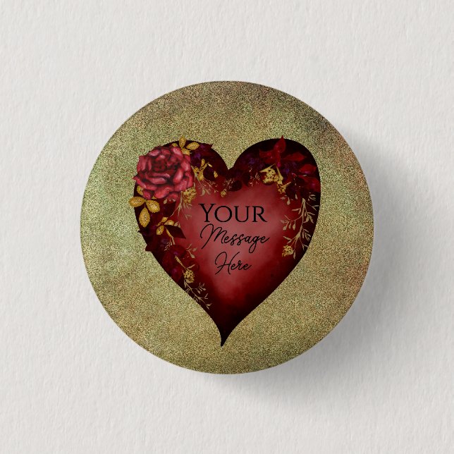Rotes Herz mit Rosen editierbar Button (Vorderseite)