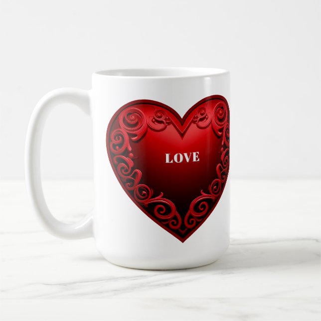 Rotes Herz mit verziertem Wirbelrand  Kaffeetasse (Links)