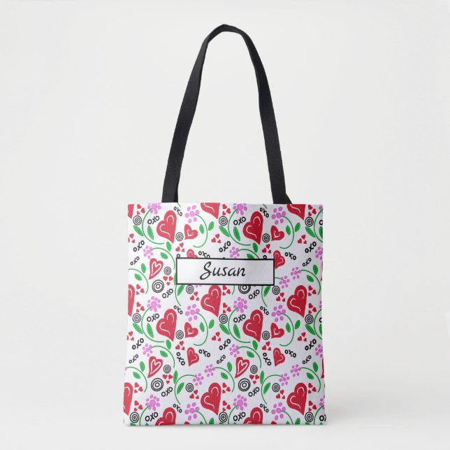 Rotes Herz Rosa Blume Tasche (Vorderseite)