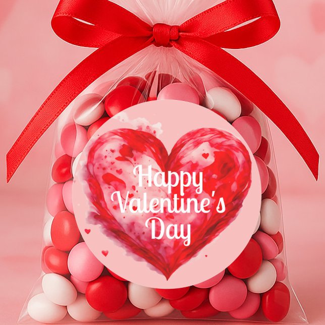 Rotes Herz Rosa Glücklicher Valentinstag Runder Aufkleber (Red heart on pink "Happy Valentine's Day" sticker)