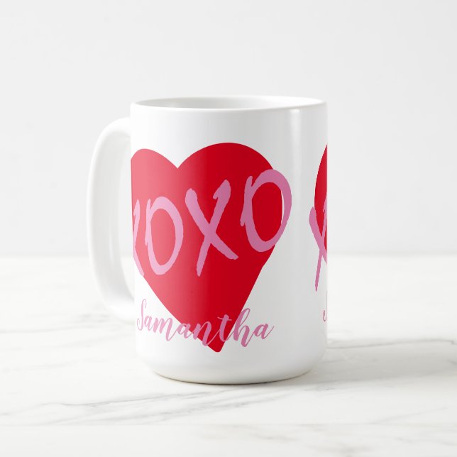 Rotes Herz rosa XOXO Valentinstag Moderne Kaffeetasse (Vorderseite Links)