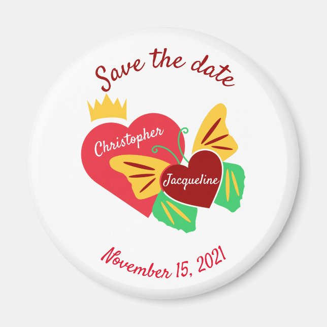 Rotes Herz, Schmetterling Save the Date Magnet (Vorne)