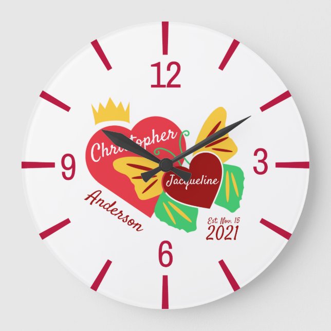 Rotes Herz, Schmetterlingseleganz Große Wanduhr (Vorderseite)