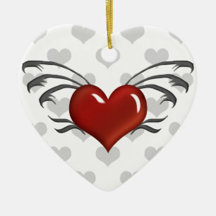 Rotes Herz, Schwarze Flügel, Grau Herz - Ornament