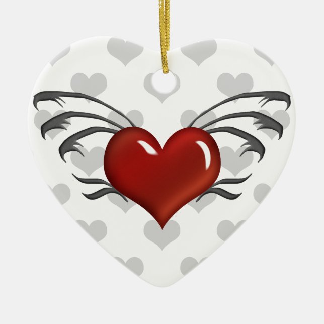 Rotes Herz, Schwarze Flügel, Grau Herz - Ornament  (Vorne)