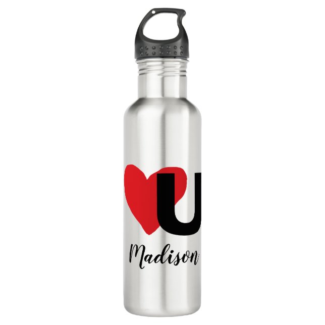 Rotes Herz U Liebe Valentinstag Mit Monogramm Name Edelstahlflasche (Vorderseite)