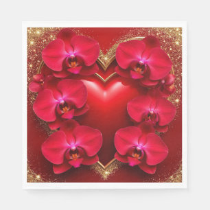 Rotes Herz umgeben von eleganten Orchideen Serviette