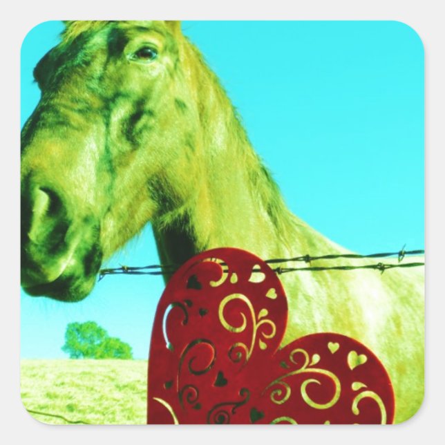 Rotes Herz und Pferd Quadratischer Aufkleber (Vorderseite)