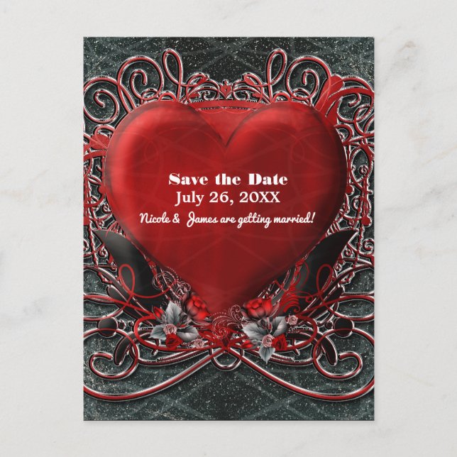 Rotes Herz und Rose Gothic Valentine Save the Date Ankündigungspostkarte (Vorderseite)
