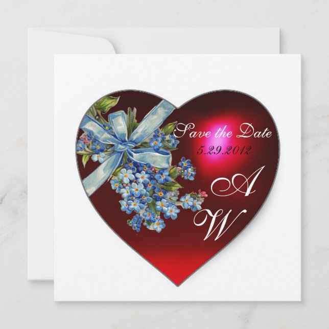 ROTES HERZ UND VERGESSEN ICH NICHT MONOGRAMM Weiße Einladung (Vorderseite)