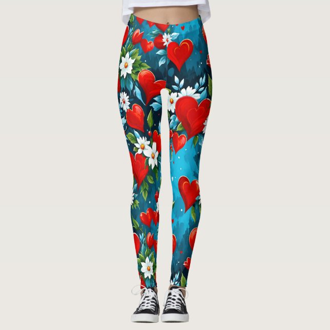 Rotes Herz und weiße Blume Türkis Blau Leggings (Vorderseite)