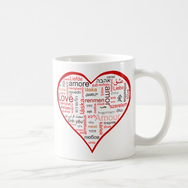 Rotes Herz voll der Liebe in vielen Sprachen Kaffeetasse (Rechts)